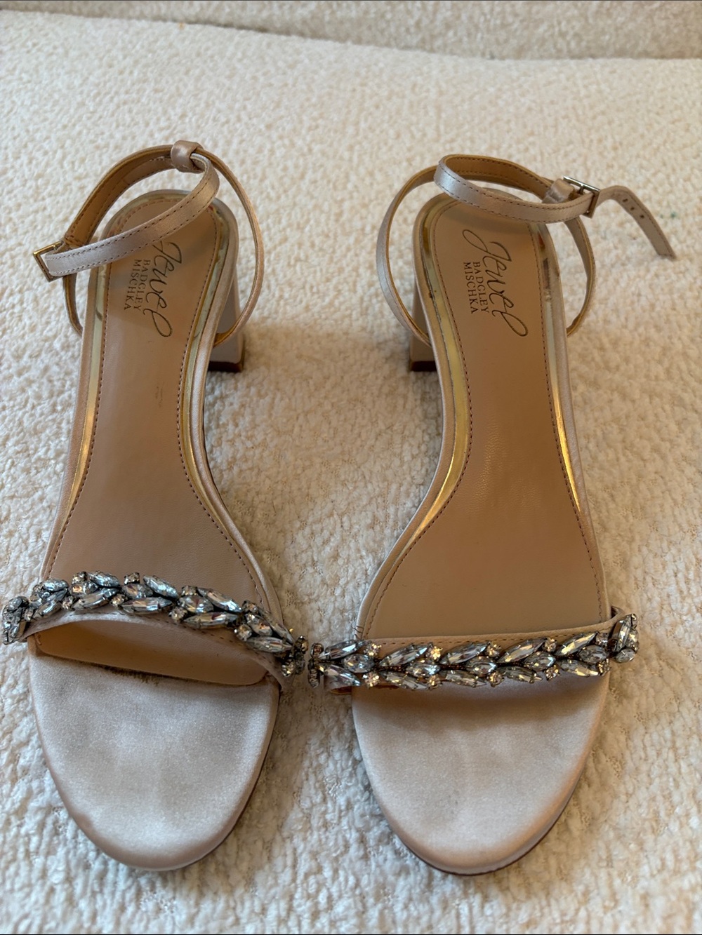 Jewel Badgley Mischka Nude Champagne Crystal-Embellished Ankle-Strap Heels